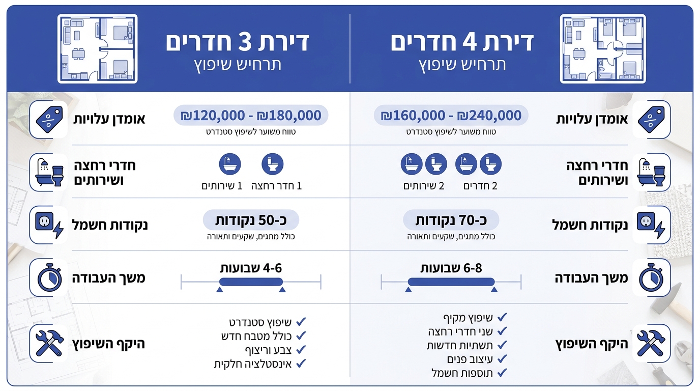 טבלת השוואה בין עלות שיפוץ דירת 3 חדרים לדירת 4 חדרים