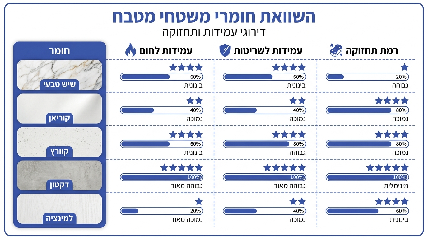 בחירת חומרים לארונות ומשטח עבודה במטבח - השוואה בין סוגי חומרים נפוצים