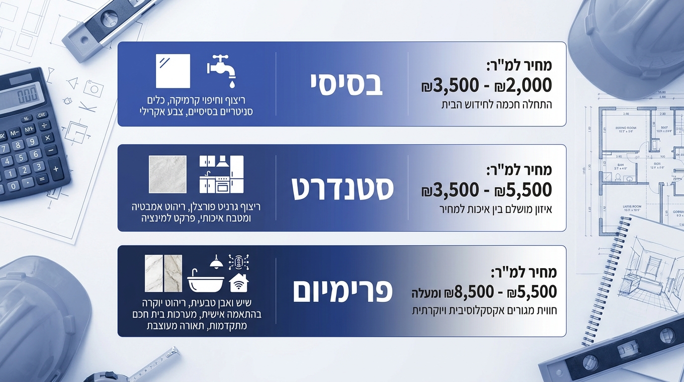 טבלת עלויות שיפוץ דירה קומפלט לפי רמות גמר שונות