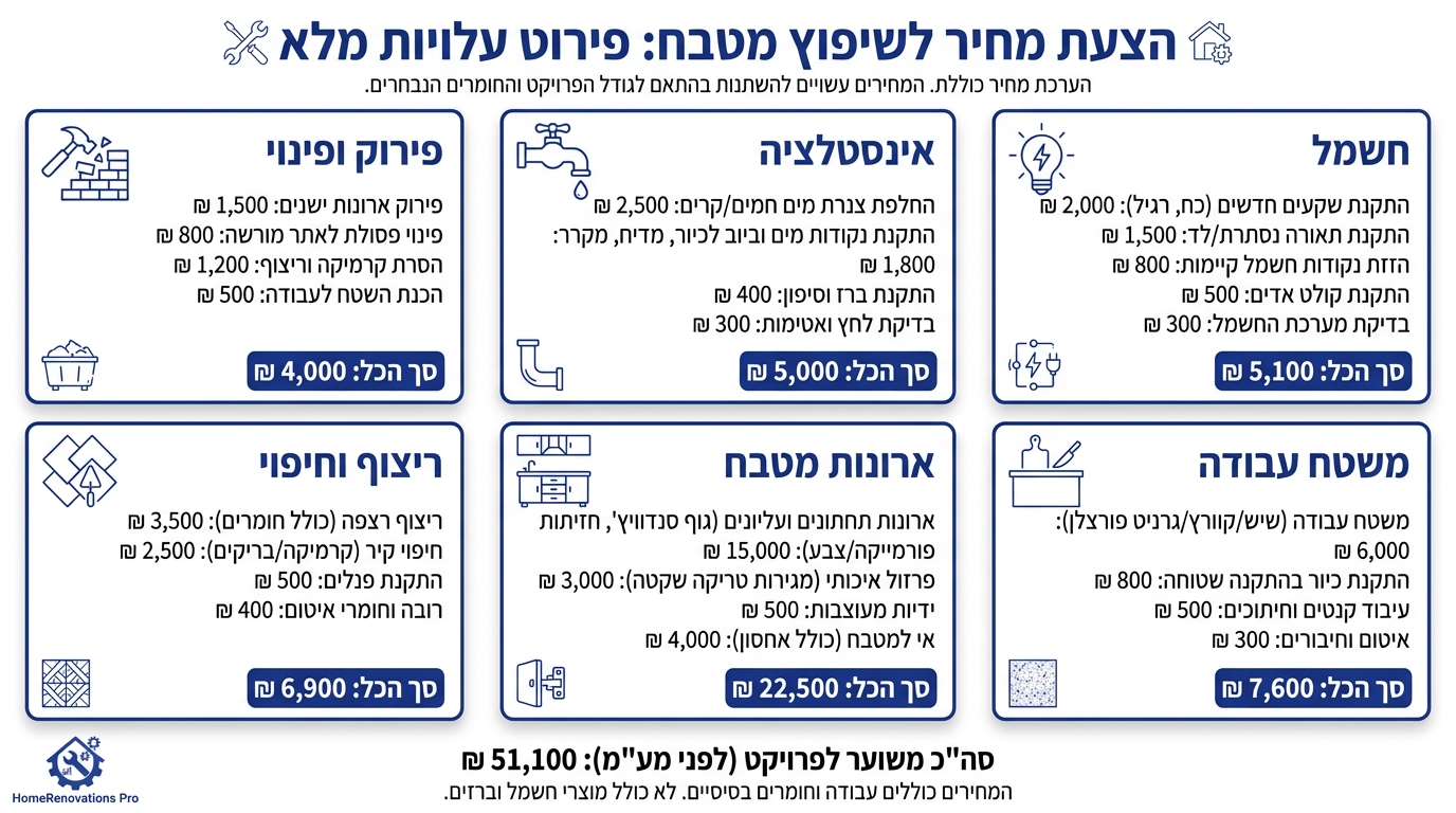 הצעת מחיר מפורטת לשיפוץ מטבח קומפלט עם פירוט לפי סעיפים
