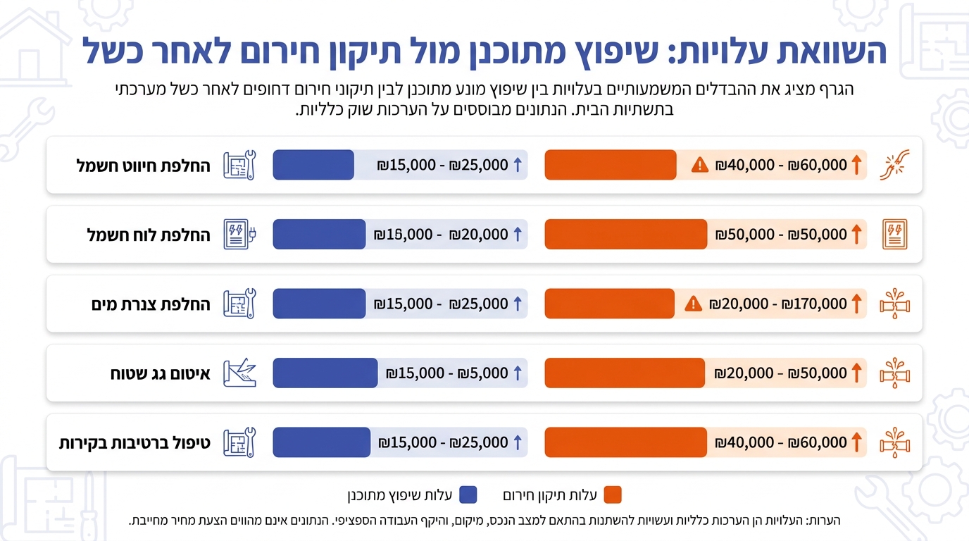 השוואת עלויות שיפוץ תשתיות מתוכנן מול תיקון חירום אחרי תקלה