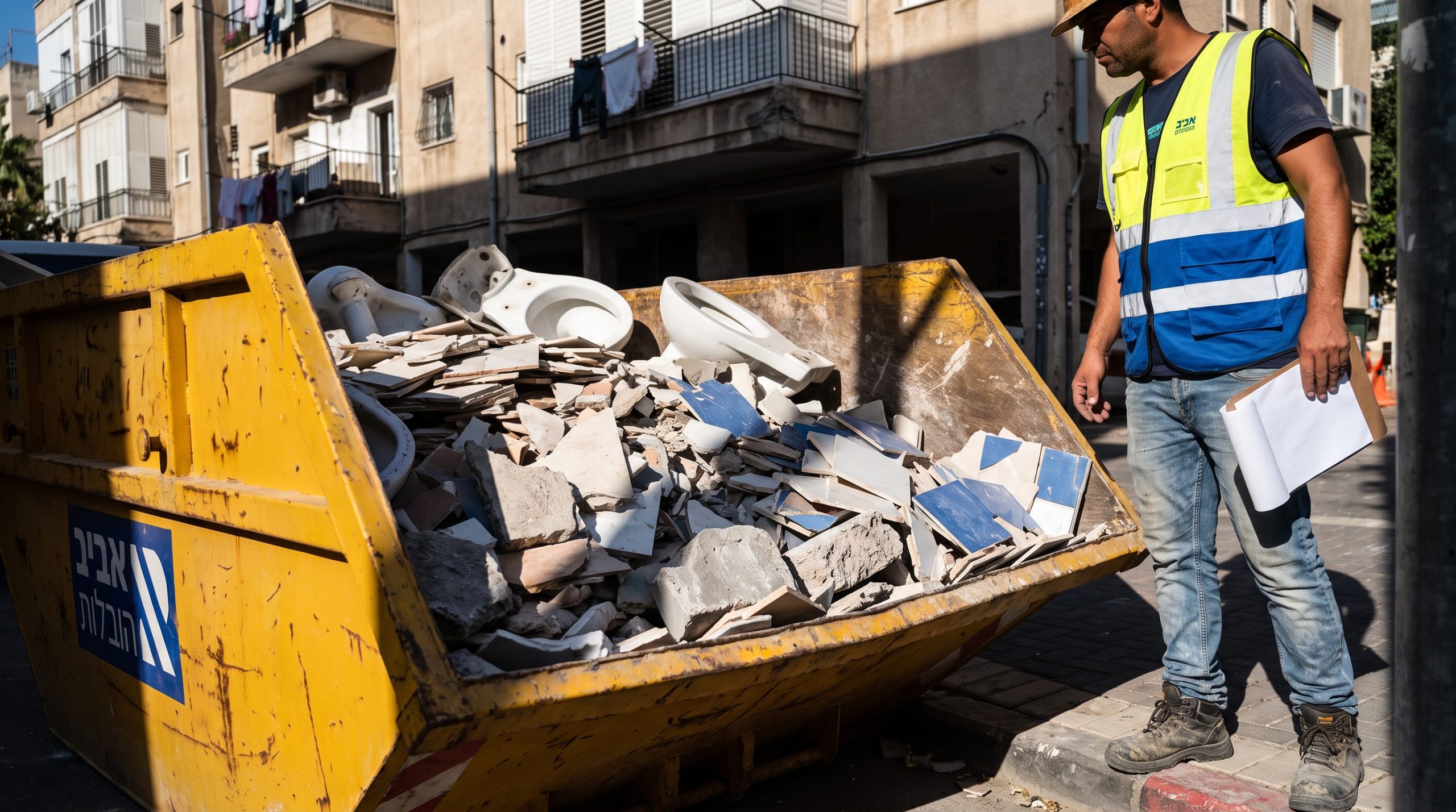 פינוי פסולת בניין מחדר אמבטיה בשיפוץ - מכולת פסולת ועבודות