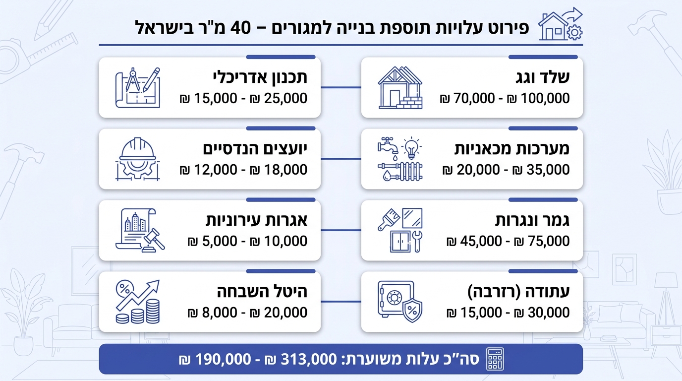 פירוט עלויות משוער לתוספת בנייה של 40 מטר רבוע לבית פרטי כולל תכנון, היטלים וגמרים