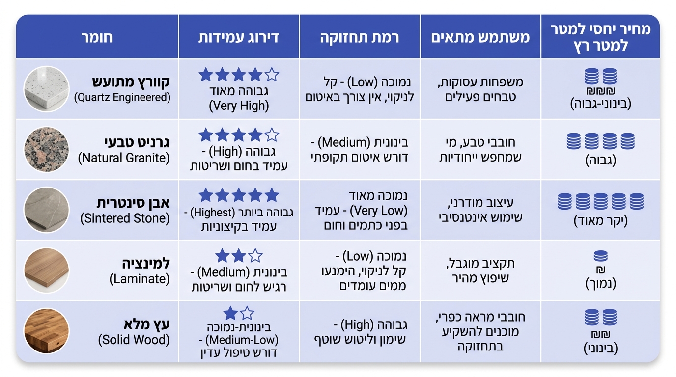 השוואת סוגי משטחי עבודה למטבח לפי עמידות ותחזוקה