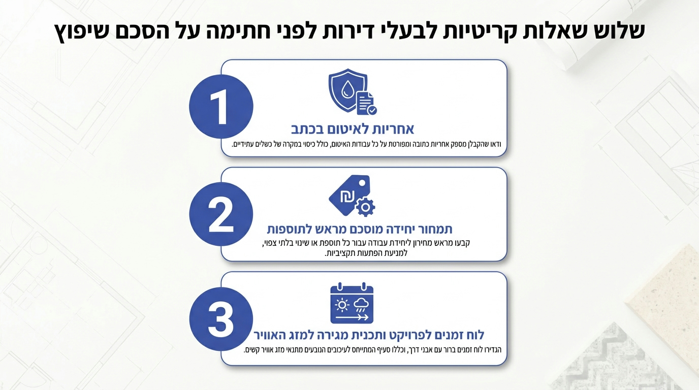 שלוש שאלות חשובות שכדאי לשאול קבלן לפני חתימה על שיפוץ מרפסת וחצר