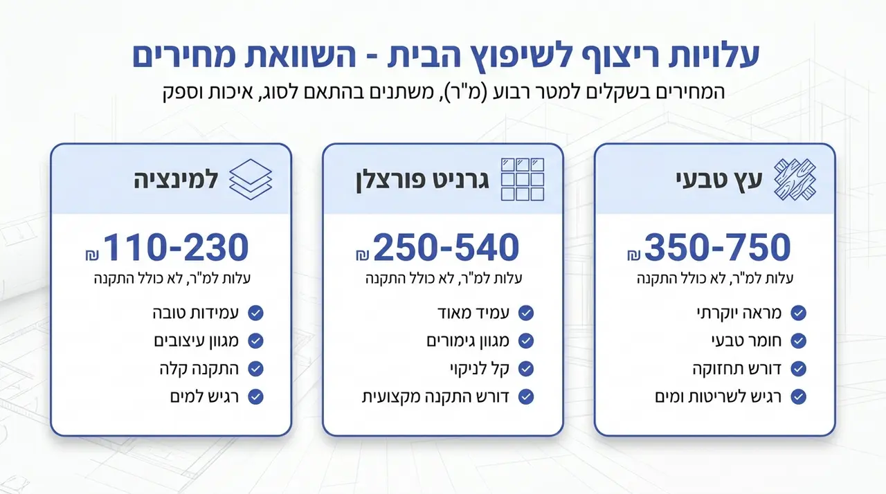 השוואת עלויות מלאה בין פרקט עץ, למינציה וגרניט פורצלן דמוי עץ