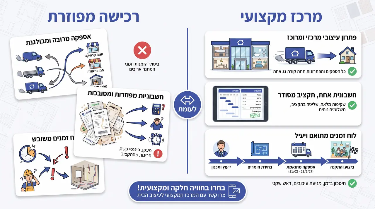 תצוגת רהיטים וחומרים בחלל אחד - ריכוז קניות לדירה חדשה